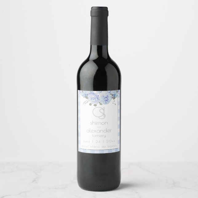 Étiquette Pour Bouteilles De Vin Vin mariage | Monogramme bleu En vichy floral (Devant)