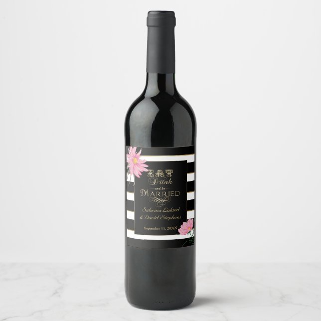Étiquette Pour Bouteilles De Vin Vin pétillant mariage rose Floral Noir Blanc Str (Devant)