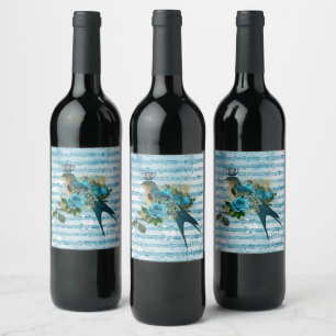 Étiquette Pour Bouteilles De Vin Vintage Bleu Chanson Bird sur Partition Musique 