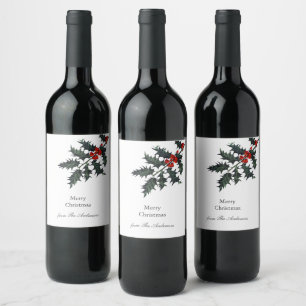 Étiquette Pour Bouteilles De Vin Vintage Holly Red Berries Joyeux Noël Nom