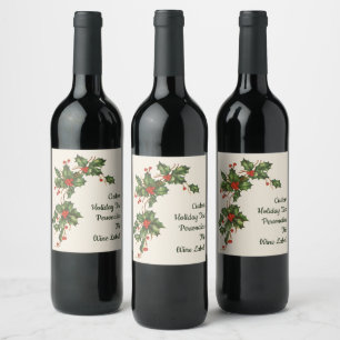 Étiquette Pour Bouteilles De Vin Vintage Noël, Holly Plante avec les baies rouges
