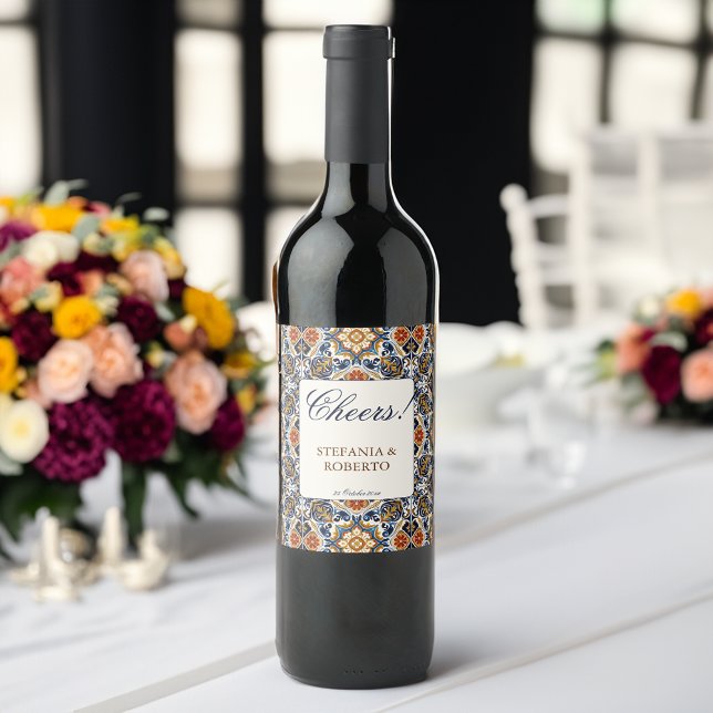 Étiquette Pour Bouteilles De Vin Vintage Talavera Azulejo carreaux bleu mariage (Vintage Talavera Azulejo blue tiles wedding favors personalized monogrammed Wine Label table decor)