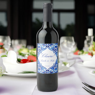 Étiquette Pour Bouteilles De Vin Vintage Talavera Azulejo mariage en carreaux bleus