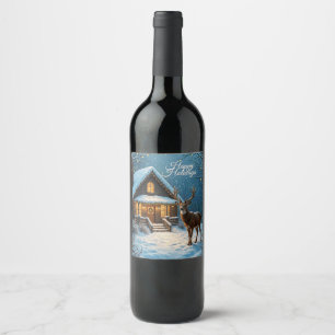 Étiquette Pour Bouteilles De Vin Visite de Noël enneigée avec grande biche - Messag
