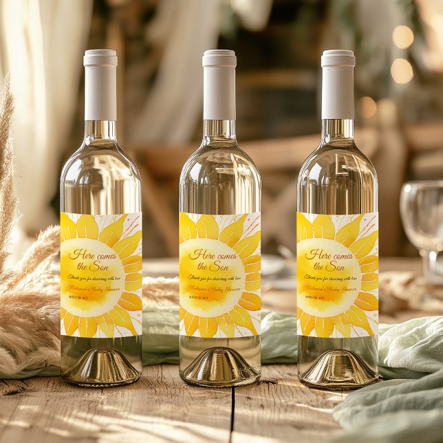 Étiquette Pour Bouteilles De Vin Voici le Baby shower Son Jaune soleil (Créateur téléchargé)