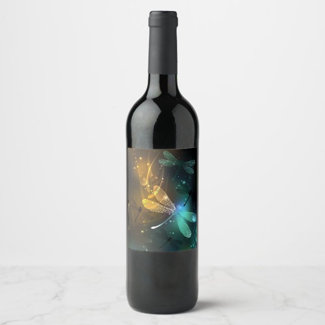 Étiquette Pour Bouteilles De Vin Vol de libellule verte lumineuse (Devant)