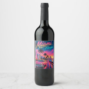 Étiquette Pour Bouteilles De Vin Voyage à Miami Floride Néon Rétro Coucher de Solei
