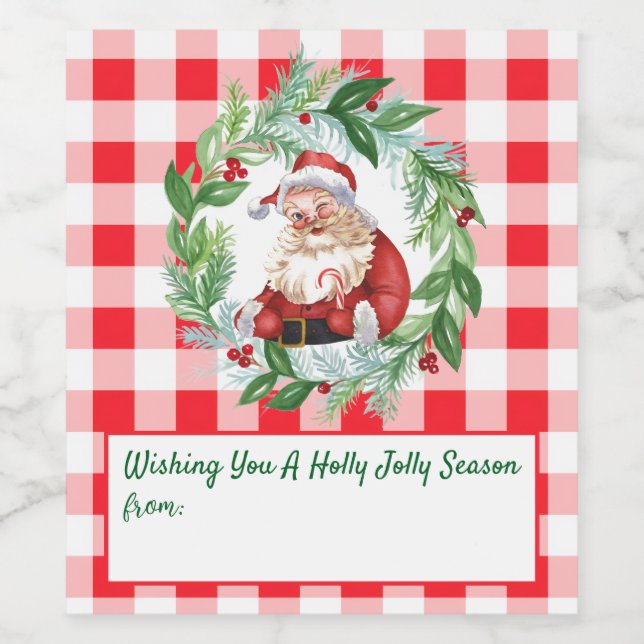 Étiquette Pour Bouteilles De Vin Watercolor Santa Red Check Jolly Christmas LG  (Étiquettes simples)