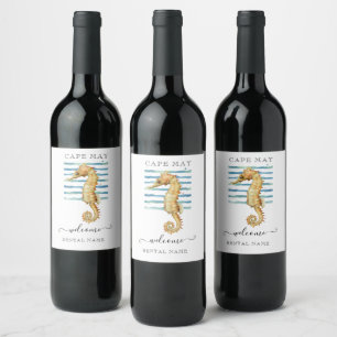 ÉTIQUETTE POUR BOUTEILLES DE VIN WATERCOLOR SEAHORSE, VILLE DE PLAGE, CAP PEUT ACCU
