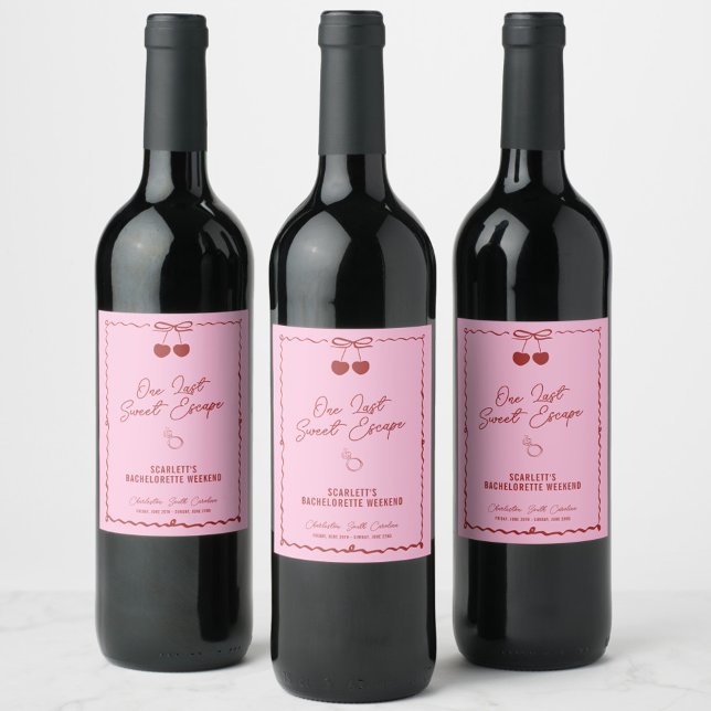 Étiquette Pour Bouteilles De Vin Week-end de célibataire rose et rouge Cherry (One Last Sweet Escape wine label—perfect for a chic red and pink bachelorette weekend celebration!)