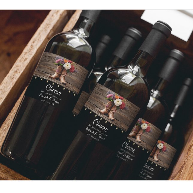 Étiquette Pour Bouteilles De Vin Western Cowboy Boots Floral Mariage élégant (Floral Cowboy Boot Western Wedding Wine Labels)