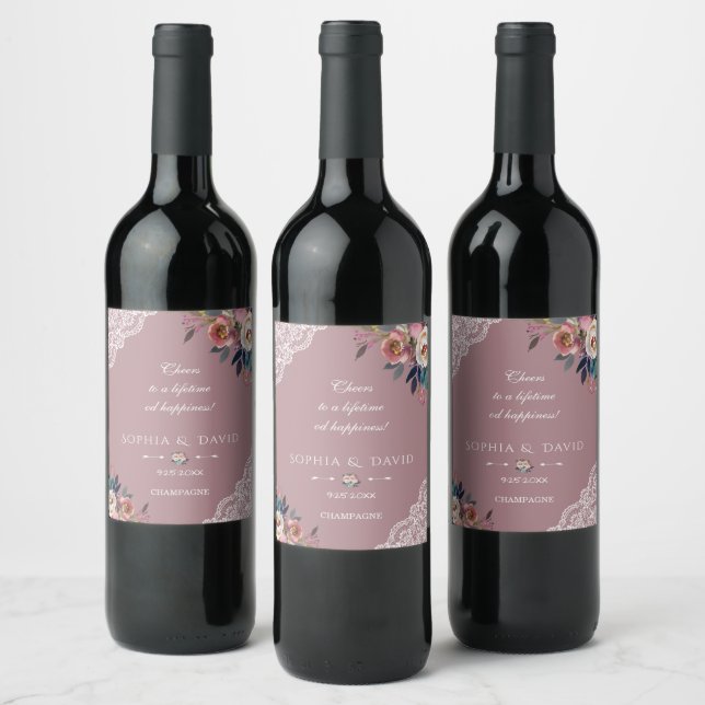 Étiquette Pour Bouteilles De Vin Whimsical Dusty Blue Dusty Rose Fleurs Mariage (Bouteilles)