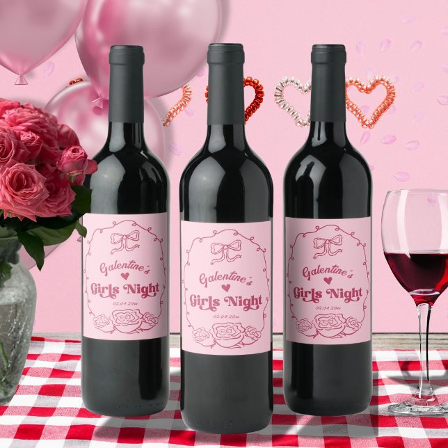 Étiquette Pour Bouteilles De Vin Whimsical Trendy Galentine's Girls Night Party (galentines day girls night out pink coquette whimsical wine bottles)