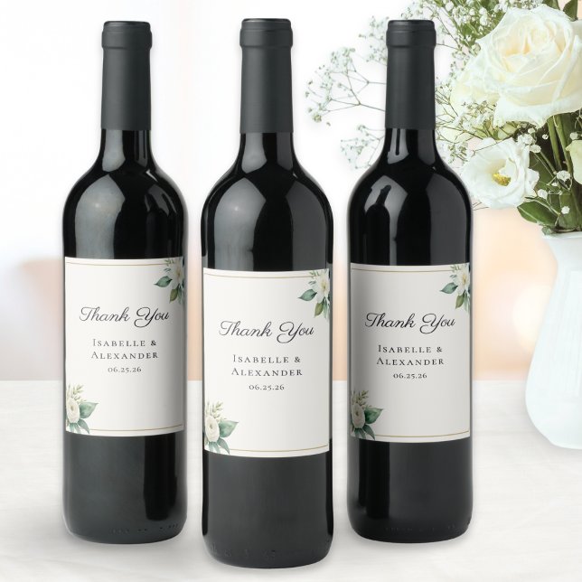 Étiquette Pour Bouteilles De Vin White Floral Botanical Greenery Elegant Wedding (Personalized wine bottle labels with couple's names and date, 'Thank You' message and floral motifs)