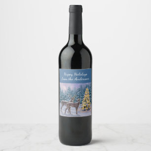 Étiquette Pour Bouteilles De Vin Whitetail Deer & Christmas Tree Scene hivernale
