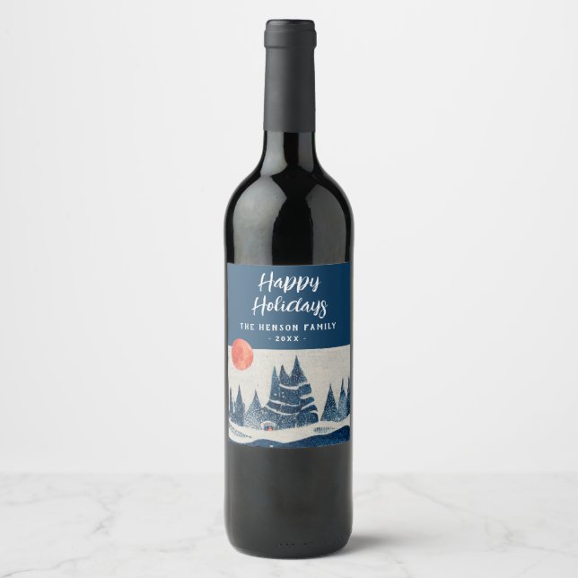 Étiquette Pour Bouteilles De Vin Winter Landscape Forest Moon Navy Blue Drawing  (Devant)