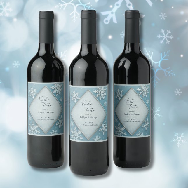 Étiquette Pour Bouteilles De Vin Winter Wonderland Blue Snowy Romantique mariage (Créateur téléchargé)