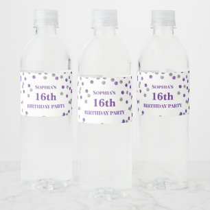 Étiquette Pour Bouteilles D'eau 16e anniversaire Confetti d'argent violet