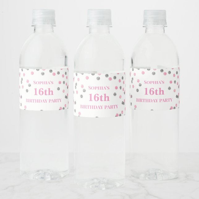 Étiquette Pour Bouteilles D'eau 16e anniversaire Pink Silver Confetti (Bouteilles)
