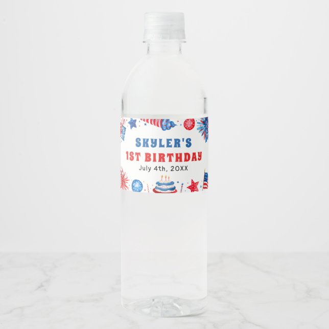 Étiquette Pour Bouteilles D'eau 4 juillet Rouge Blanc et Bleu Été 1er Anniversaire (Devant)