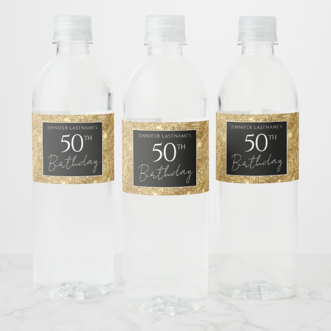 Étiquette Pour Bouteilles D'eau 50e anniversaire Shimmer noir et or (Bouteilles)