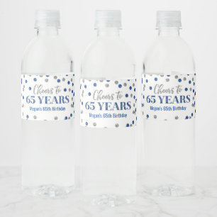 Étiquette Pour Bouteilles D'eau 65 ans d'anniversaire du Confetti d'argent bleu