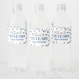 Étiquette Pour Bouteilles D'eau 75 ans d'anniversaire du Confetti d'argent bleu