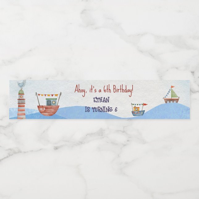 Étiquette Pour Bouteilles D'eau Ahoy Nautical kids aquarelle anniversaire (Étiquettes simples)