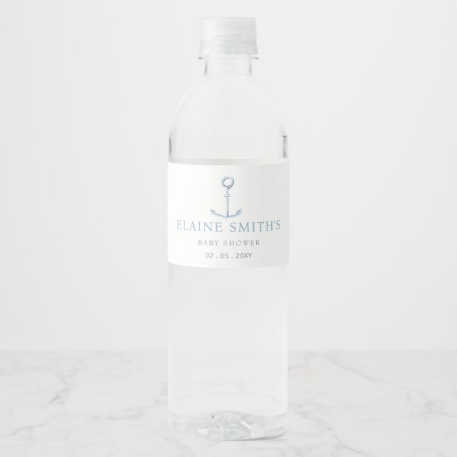 Étiquette Pour Bouteilles D'eau Ancre d'aquarelle Baby shower de plage bleu marine (Devant)