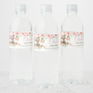 Étiquette Pour Bouteilles D'eau Animaux boisés mignons Fille rose Floral Annivers