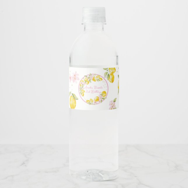 Étiquette Pour Bouteilles D'eau Anniversaire Fleur Rose Citron (Devant)