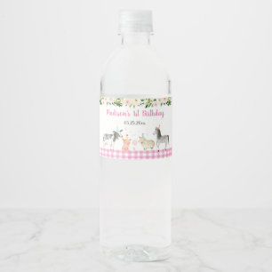 Étiquette Pour Bouteilles D'eau Anniversaire floral d'animaux de ferme roses