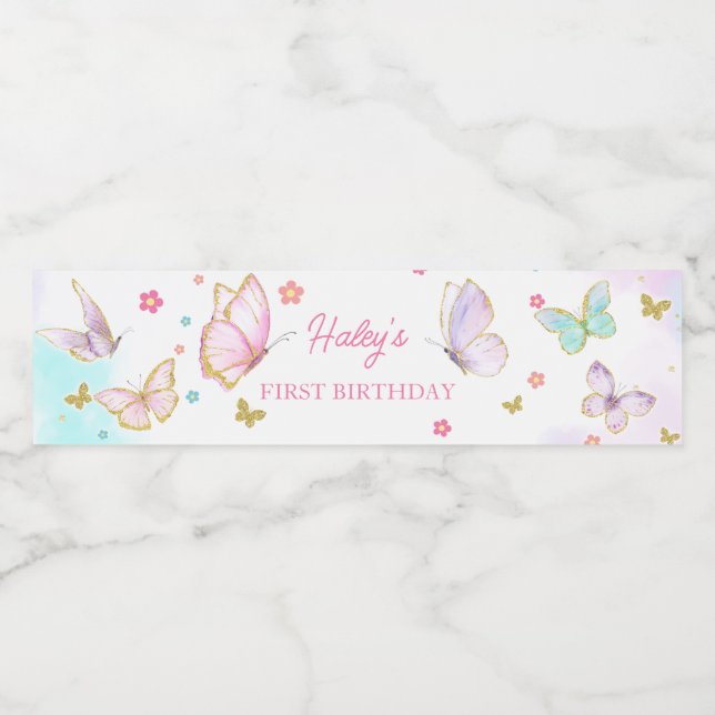 Étiquette Pour Bouteilles D'eau Anniversaire floral papillon (Étiquettes simples)