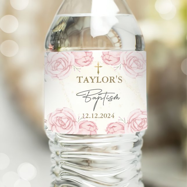 Étiquette Pour Bouteilles D'eau Aquarelle assez neutre Baptême floral (Créateur téléchargé)
