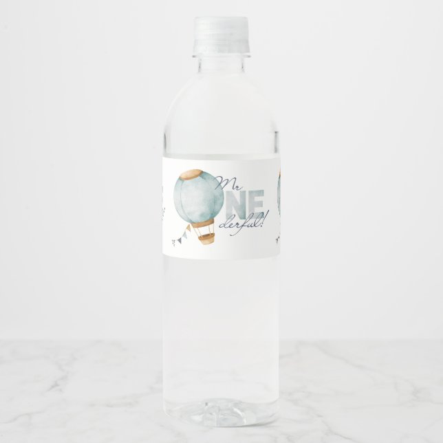 Étiquette Pour Bouteilles D'eau Aquarelle Bleu Hot Air Balloon M. ONEderful Boy (Devant)