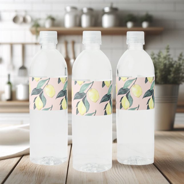 Étiquette Pour Bouteilles D'eau Aquarelle Citrons et Feuilles Motif jaune sans cou (Créateur téléchargé)