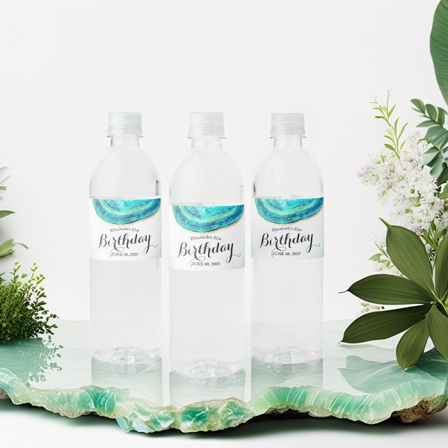 Étiquette Pour Bouteilles D'eau Aquarelle de fête d'anniversaire Turquoise et Gold (Créateur téléchargé)