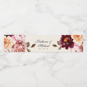Étiquette Pour Bouteilles D'eau Aquarelle Floral Bourgogne Mariage