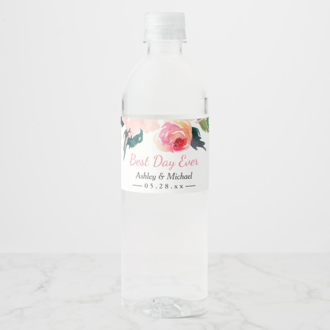 Étiquette Pour Bouteilles D'eau Aquarelle Florale Meilleur jour jamais Mariage (Devant)