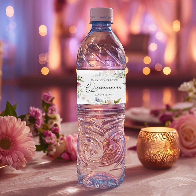 Étiquette Pour Bouteilles D'eau Aquarelle Florale Quinceanera (Créateur téléchargé)