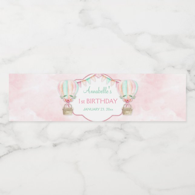 Étiquette Pour Bouteilles D'eau Aquarelle Hot Air Ballotte Mint Rose Peach (Étiquettes simples)