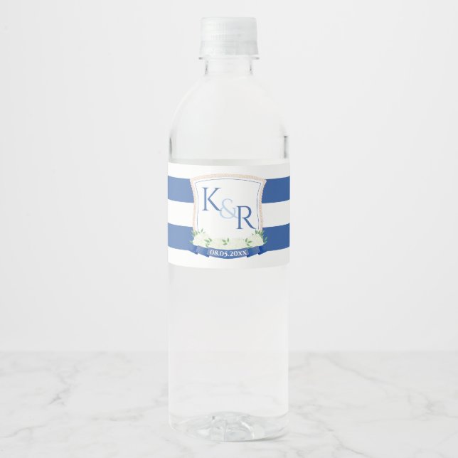 Étiquette Pour Bouteilles D'eau Aquarelle marine Bleu Blanc Mariage Crest (Devant)