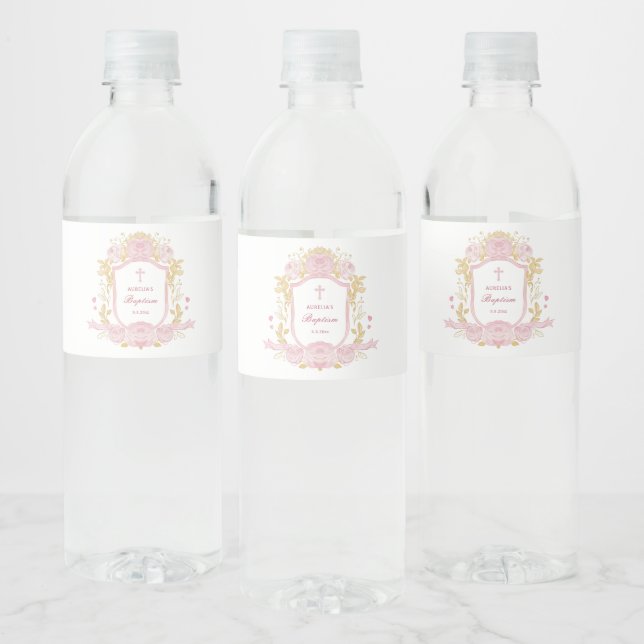 Étiquette Pour Bouteilles D'eau Aquarelle Rose Crest Baptême (Bouteilles)