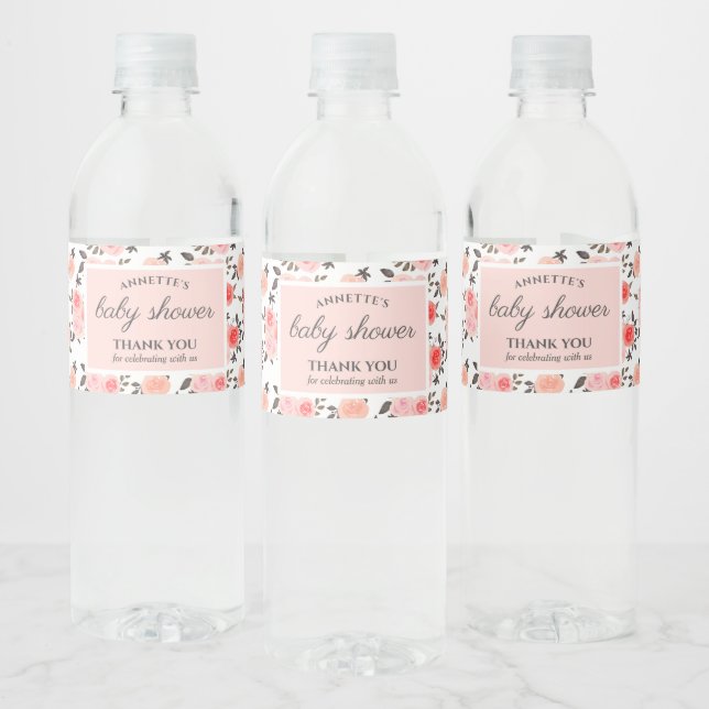 Étiquette Pour Bouteilles D'eau Aquarelle rose Roses Baby shower chic (Bouteilles)