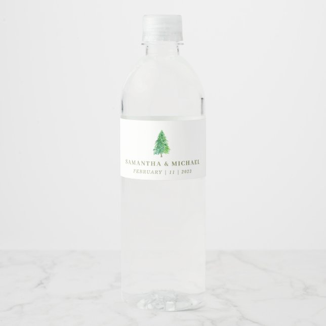 Étiquette Pour Bouteilles D'eau Arbre forestier Décoration simple aquarelle Mariag (Devant)