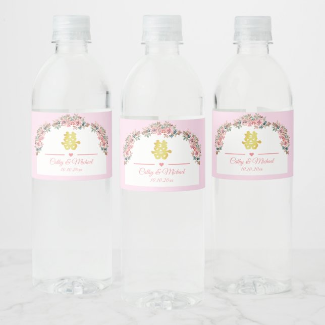 Étiquette Pour Bouteilles D'eau Arche fleurie rose blanc mariage chinois double xi (Bouteilles)