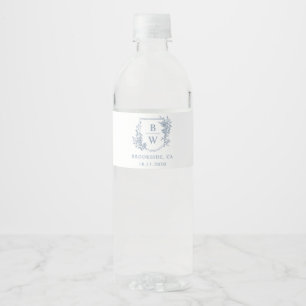 Étiquette Pour Bouteilles D'eau [AURORA] Mariage de monogramme de crête bleue Vint