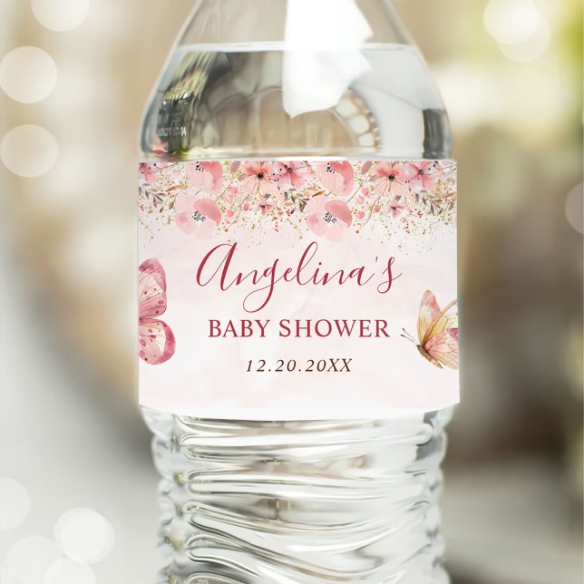 Étiquette Pour Bouteilles D'eau Baby shower à papillon rose boho (Créateur téléchargé)
