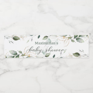 Étiquette Pour Bouteilles D'eau Baby Shower aquarelle feuilles vertes et dorées