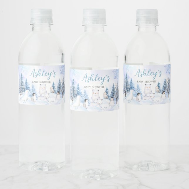 Étiquette Pour Bouteilles D'eau Baby shower Blue Arctic Animaux (Bouteilles)